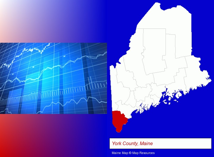 a financial chart; York County, Maine highlighted in red on a map