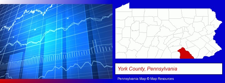 a financial chart; York County, Pennsylvania highlighted in red on a map