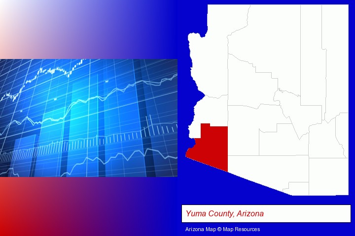 a financial chart; Yuma County, Arizona highlighted in red on a map
