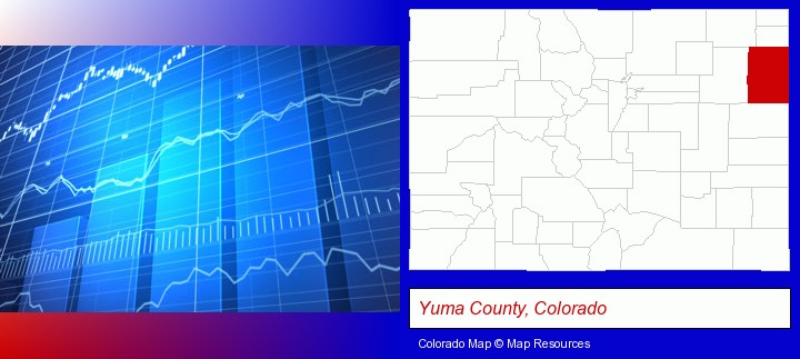 a financial chart; Yuma County, Colorado highlighted in red on a map