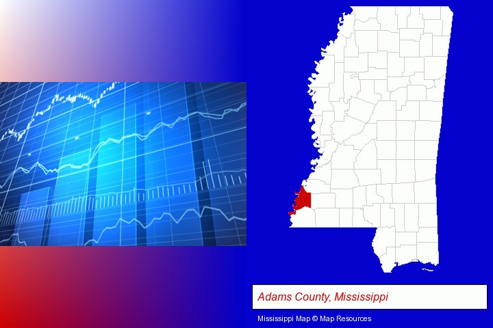 a financial chart; Adams County, Mississippi highlighted in red on a map