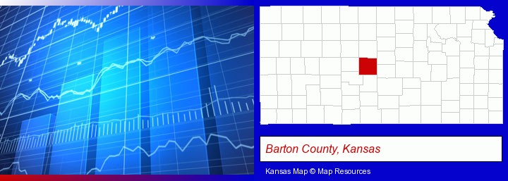 a financial chart; Barton County, Kansas highlighted in red on a map