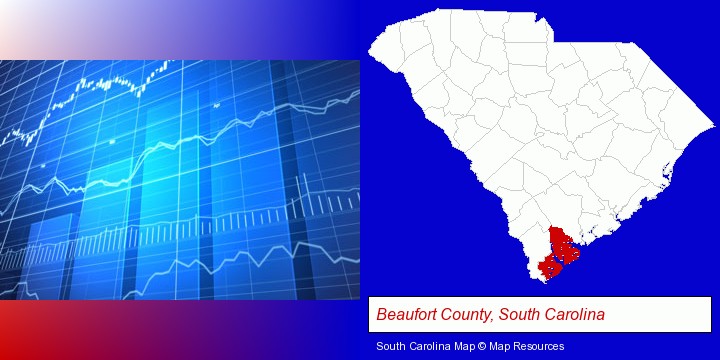 a financial chart; Beaufort County, South Carolina highlighted in red on a map