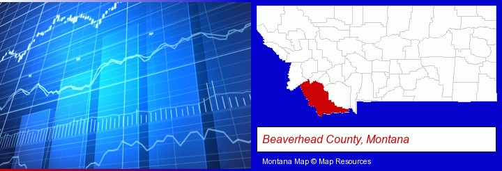 a financial chart; Beaverhead County, Montana highlighted in red on a map