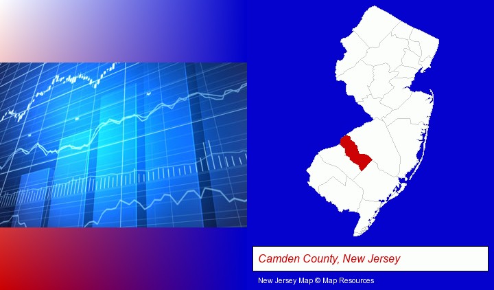 a financial chart; Camden County, New Jersey highlighted in red on a map