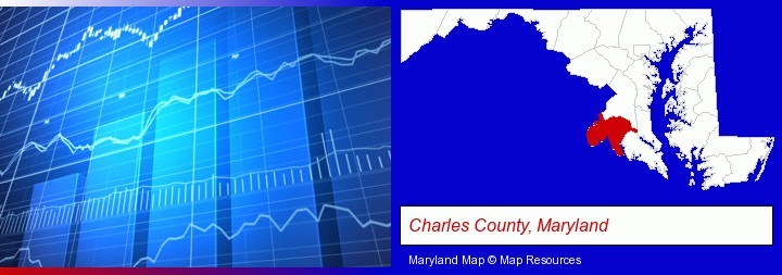 a financial chart; Charles County, Maryland highlighted in red on a map