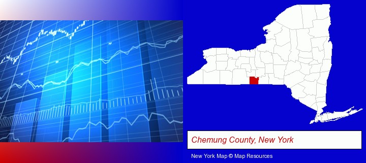 a financial chart; Chemung County, New York highlighted in red on a map