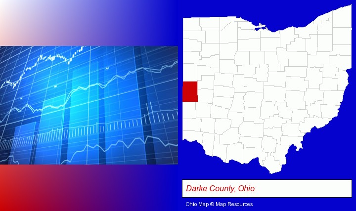 a financial chart; Darke County, Ohio highlighted in red on a map