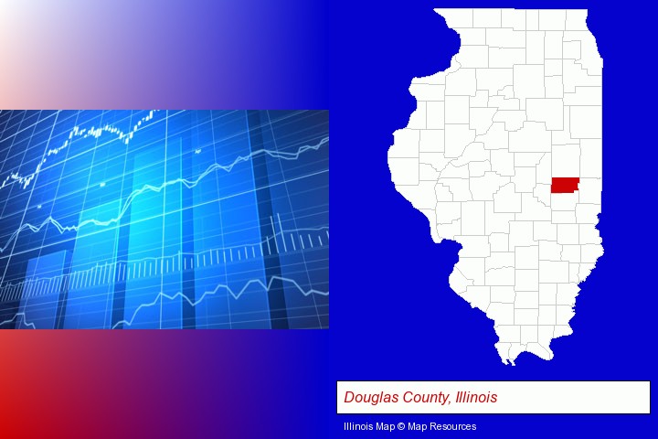 a financial chart; Douglas County, Illinois highlighted in red on a map