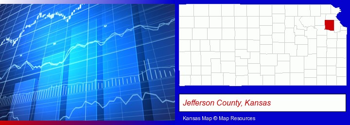 a financial chart; Jefferson County, Kansas highlighted in red on a map