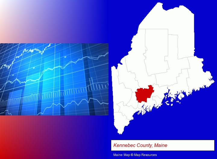 a financial chart; Kennebec County, Maine highlighted in red on a map