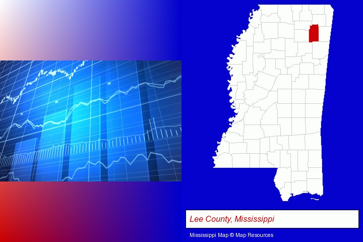 a financial chart; Lee County, Mississippi highlighted in red on a map