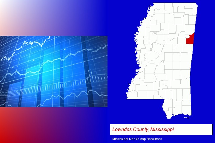 a financial chart; Lowndes County, Mississippi highlighted in red on a map