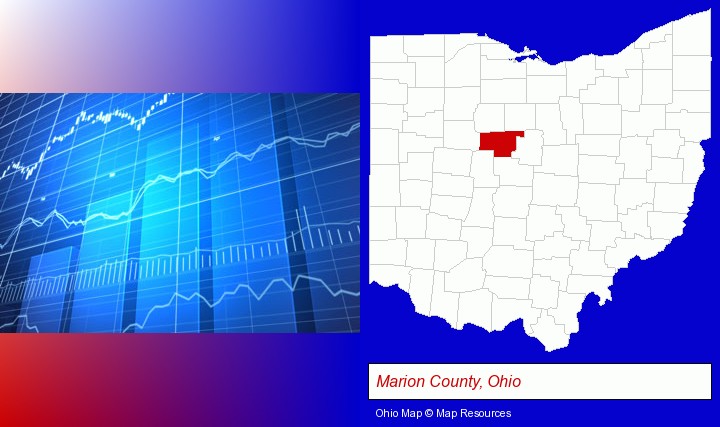 a financial chart; Marion County, Ohio highlighted in red on a map