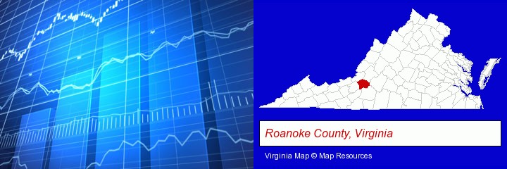 a financial chart; Roanoke County, Virginia highlighted in red on a map