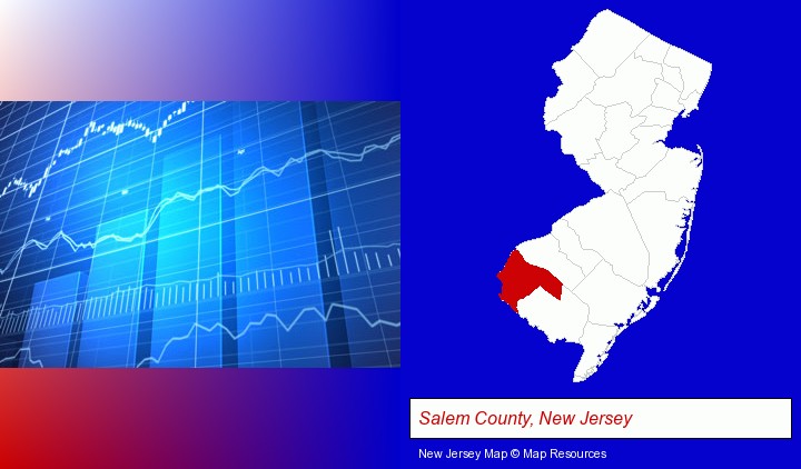 a financial chart; Salem County, New Jersey highlighted in red on a map