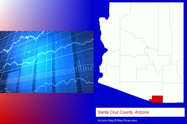 a financial chart; Santa Cruz County, Arizona highlighted in red on a map