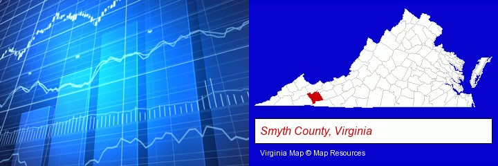 a financial chart; Smyth County, Virginia highlighted in red on a map