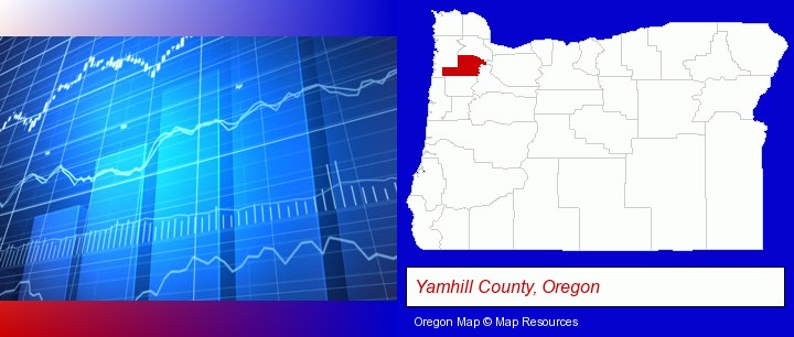 a financial chart; Yamhill County, Oregon highlighted in red on a map