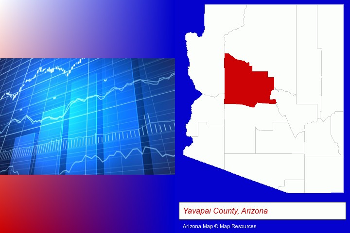 a financial chart; Yavapai County, Arizona highlighted in red on a map